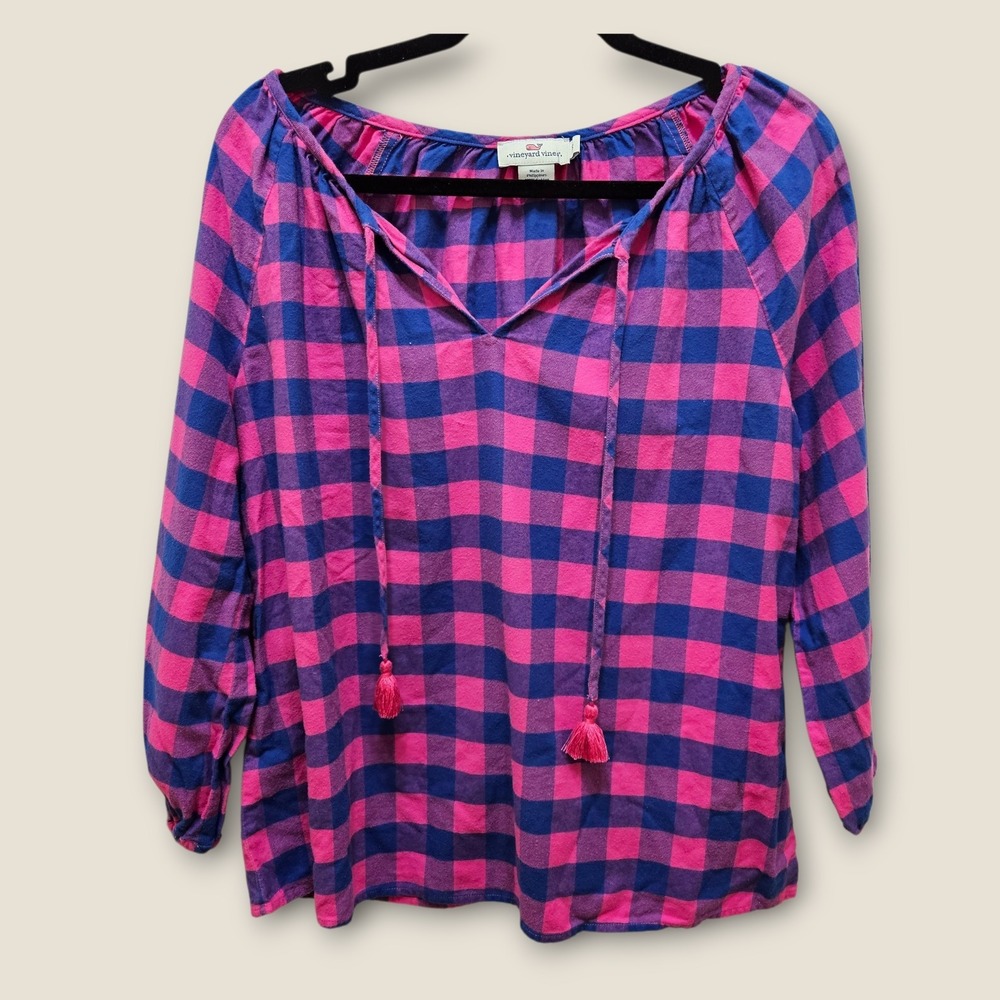 Vineyard Vines Flannel Womens S‎ Pink Blue Plaid Tassel Tie Neck Long Sleeve Top